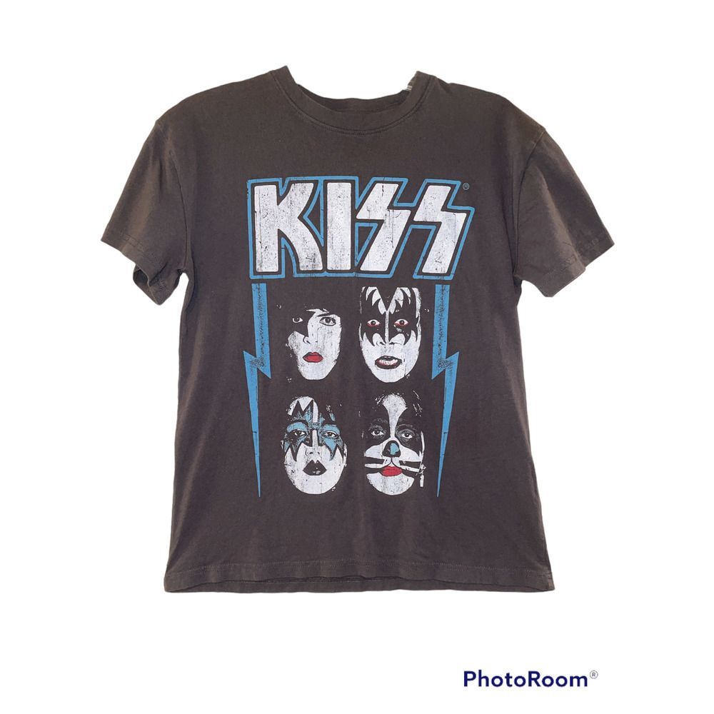 Kiss Band T-Shirt Top Juniors' Gray White Blue Retro Dynasty Album Logo Size S